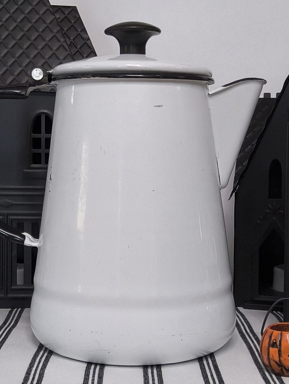 Vintage White Black Enamelware Coffee Pot Halloween Farmhouse Western Decor